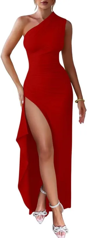 LAGSHIAN Women's Summer Sexy Bodycon One Shoulder High Split Ruched Cocktail Party Long Dress