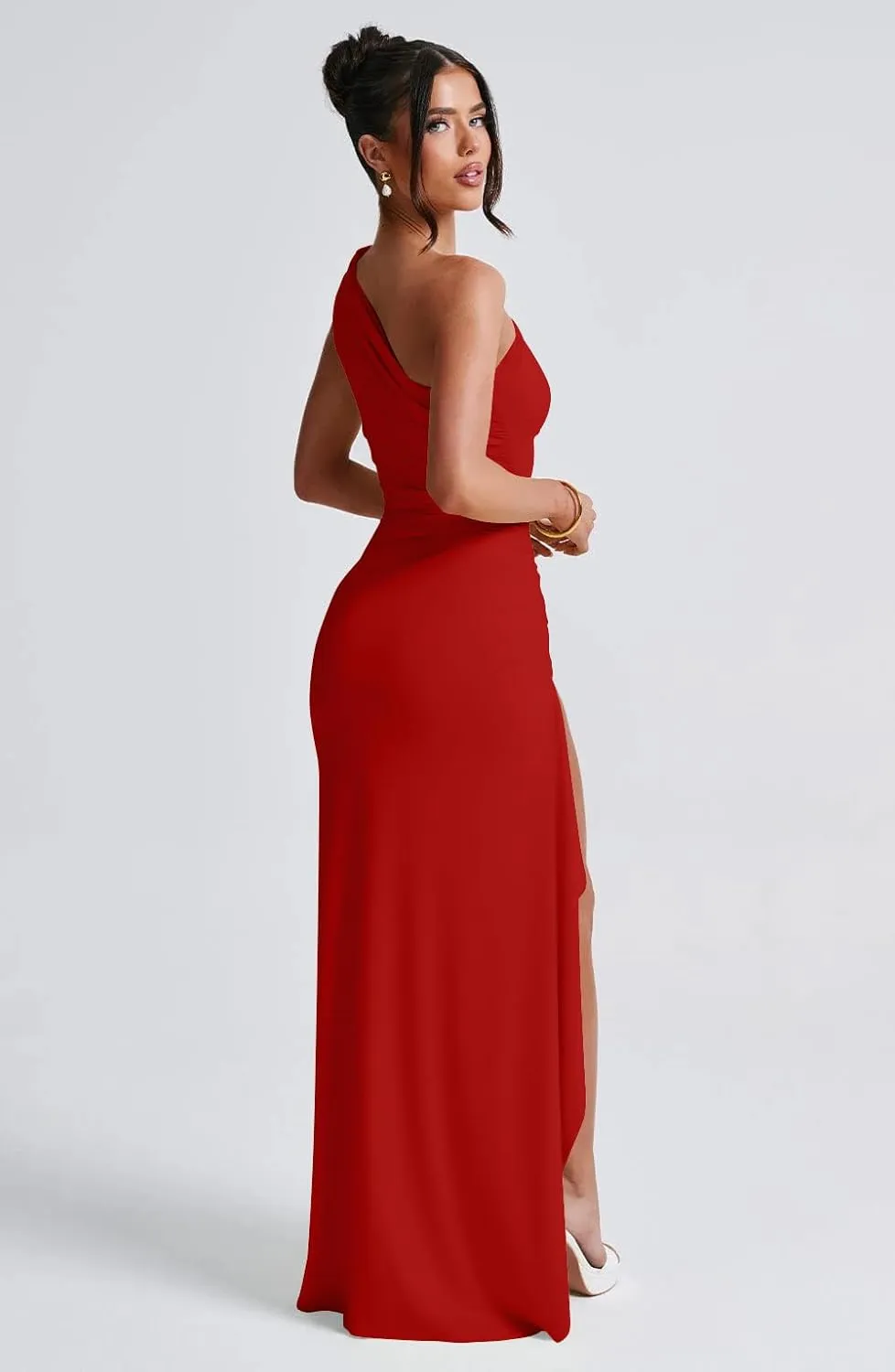 LAGSHIAN Women's Summer Sexy Bodycon One Shoulder High Split Ruched Cocktail Party Long Dress