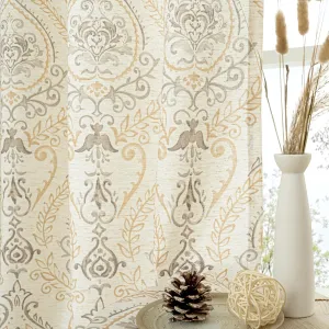 LAMIT French Country Yellow Linen Curtains for Living Room, 84 Inch Length Vintage Damask Floral Printed Curtains Grommet Light Filtering Rustic Cottage Drapes, 2 Panels, Each 52 x 84 Inch