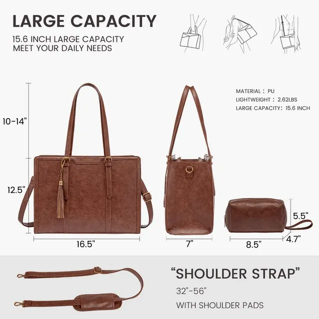 Laptop Bag Vintage Leather Tote 15,6in Large capacity Computer bag with clutch Purse