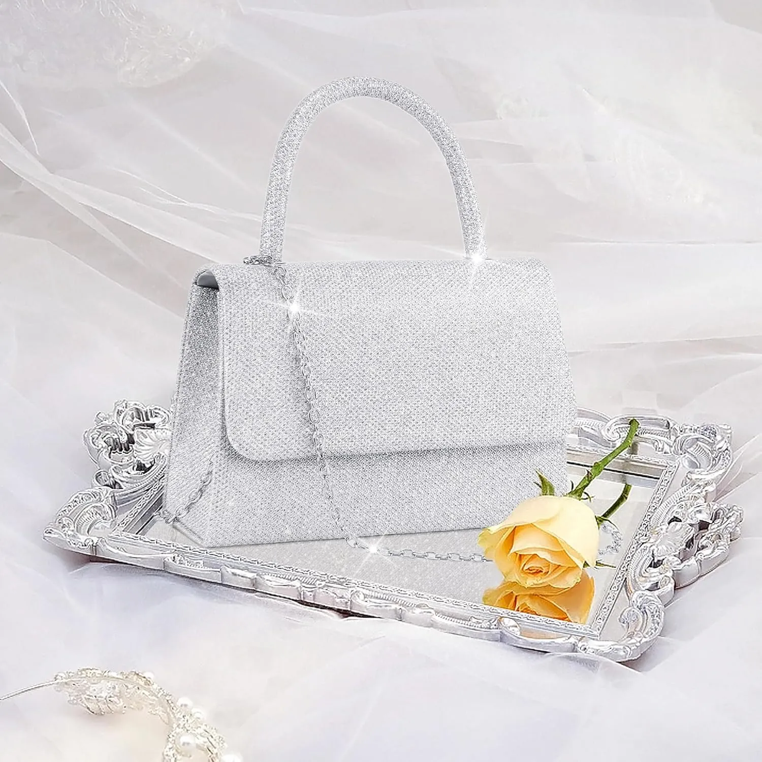 Larcenciel Women's Evening Handbags, Glitter Top Handle Evening Clutch Purse w/Chain for Party Prom Wedding Cocktail Club