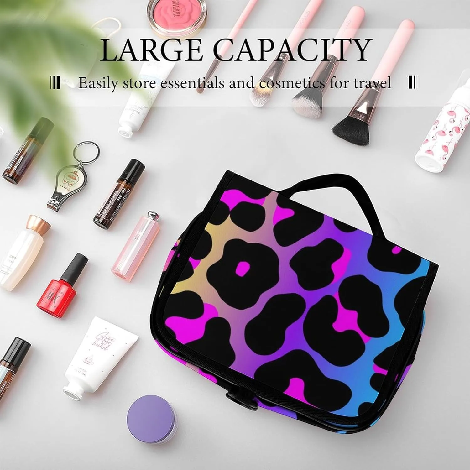 Large Capacity Hanging Toiletry Bag, Cheetah Skin Rainbow Leopard Print Makeup Pouch for Women and Men, Waterproof Cosmetic Storage Organizer Case