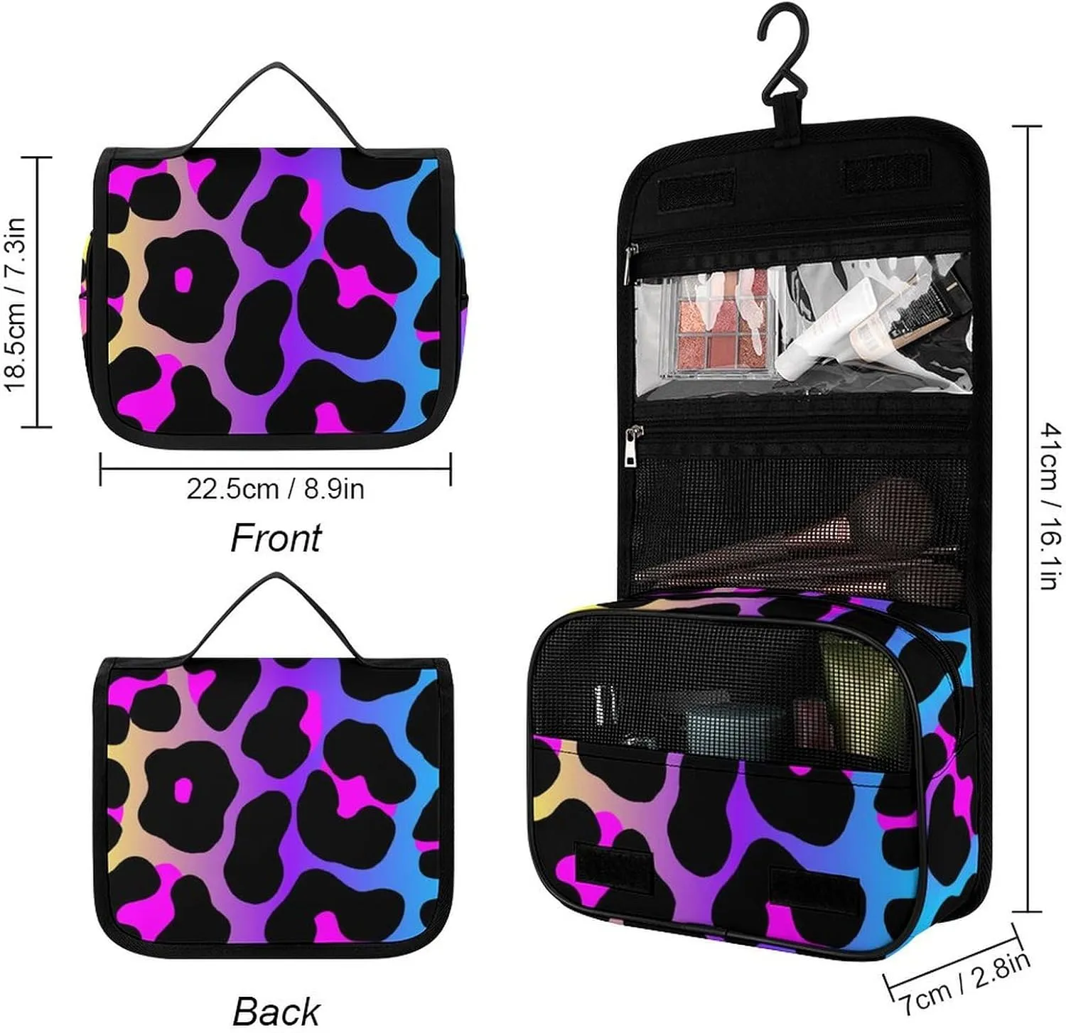 Large Capacity Hanging Toiletry Bag, Cheetah Skin Rainbow Leopard Print Makeup Pouch for Women and Men, Waterproof Cosmetic Storage Organizer Case