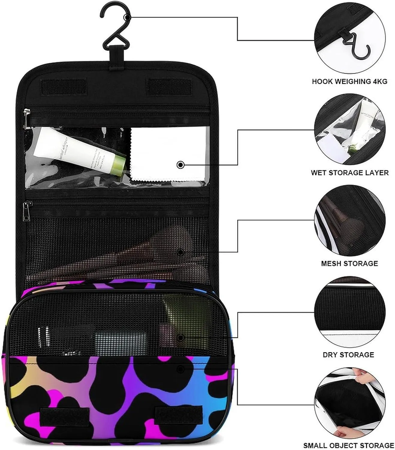 Large Capacity Hanging Toiletry Bag, Cheetah Skin Rainbow Leopard Print Makeup Pouch for Women and Men, Waterproof Cosmetic Storage Organizer Case