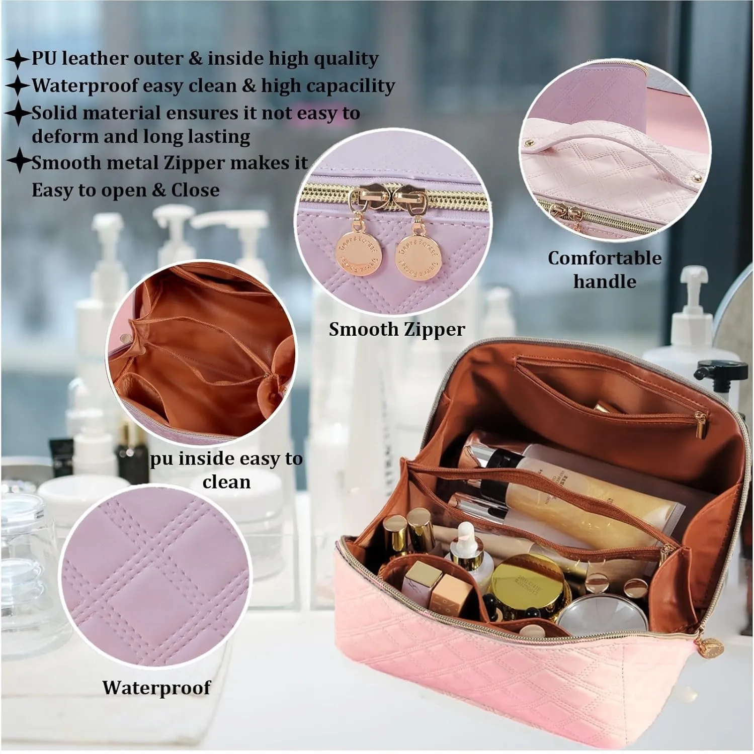 Large Capacity Travel Cosmetic Bag - Pu Leather Waterproof Travel Makeup Bag, Portable Makeup Organizer Bag, Makeup Bag Travel Cosmetic Bag with Divider and Handle (Pink)