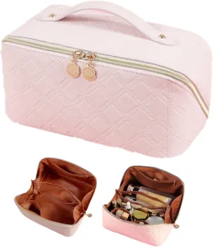 Large Capacity Travel Cosmetic Bag - Pu Leather Waterproof Travel Makeup Bag, Portable Makeup Organizer Bag, Makeup Bag Travel Cosmetic Bag with Divider and Handle (Pink)