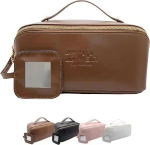 Large Capacity Travel Lay Flat Makeup Bag with Mirror – Faux Leather Make Up Traveling Organizer Bag Case for Women – Multifunctional Waterproof Cosmetic Toiletry Skincare Bag (Brown)