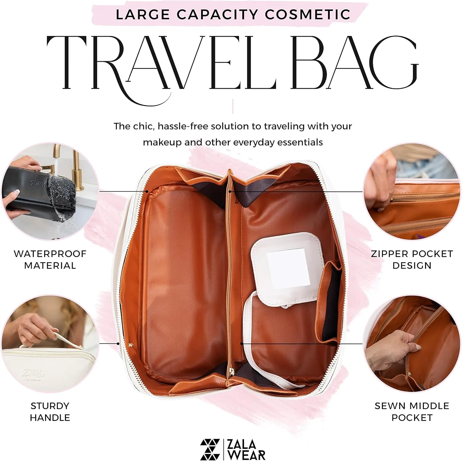 Large Capacity Travel Lay Flat Makeup Bag with Mirror – Faux Leather Make Up Traveling Organizer Bag Case for Women – Multifunctional Waterproof Cosmetic Toiletry Skincare Bag (Pink)