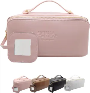 Large Capacity Travel Lay Flat Makeup Bag with Mirror – Faux Leather Make Up Traveling Organizer Bag Case for Women – Multifunctional Waterproof Cosmetic Toiletry Skincare Bag (Pink)
