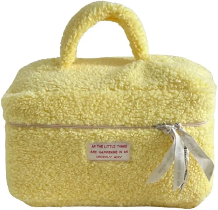 Large Cosmetic Bag Cute Makeup Bag Y2k Aesthetic Make Up Bag Fleece Cosmetic Bag for Purse (Large,Brown), Yellow