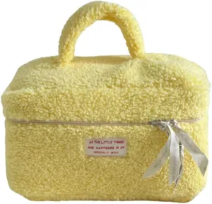 Large Cosmetic Bag Cute Makeup Bag Y2k Aesthetic Make Up Bag Fleece Cosmetic Bag for Purse (Large,Brown), Yellow