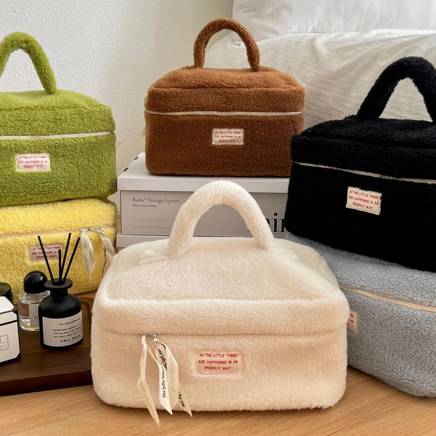 Large Cosmetic Bag Cute Makeup Bag Y2k Aesthetic Make Up Bag Fleece Cosmetic Bag for Purse (Large,Brown), Yellow