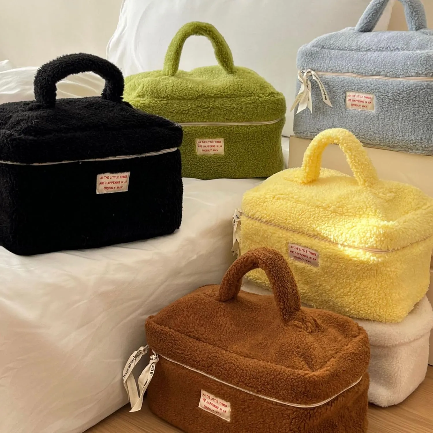 Large Cosmetic Bag Cute Makeup Bag Y2k Aesthetic Make Up Bag Fleece Cosmetic Bag for Purse (Large,Brown), Yellow