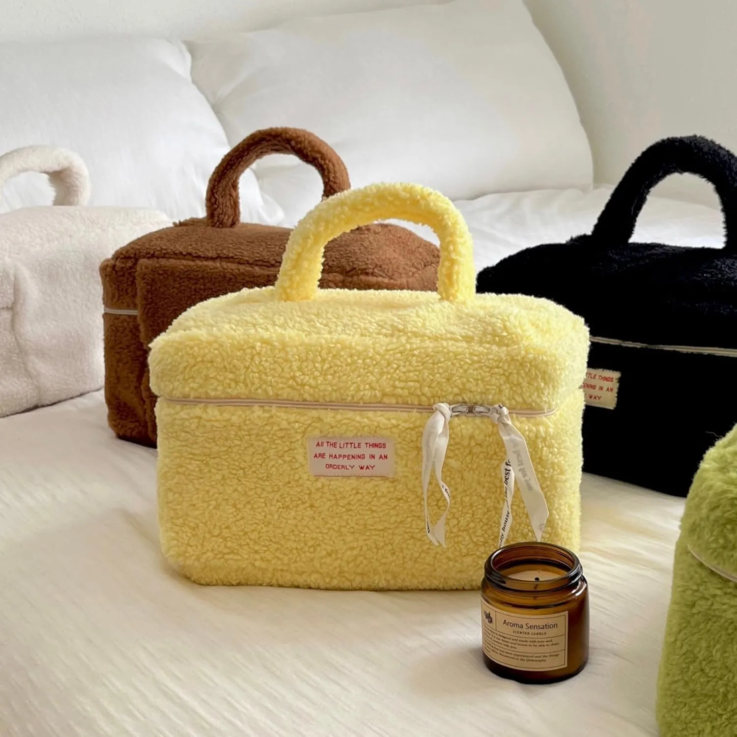 Large Cosmetic Bag Cute Makeup Bag Y2k Aesthetic Make Up Bag Fleece Cosmetic Bag for Purse (Large,Brown), Yellow