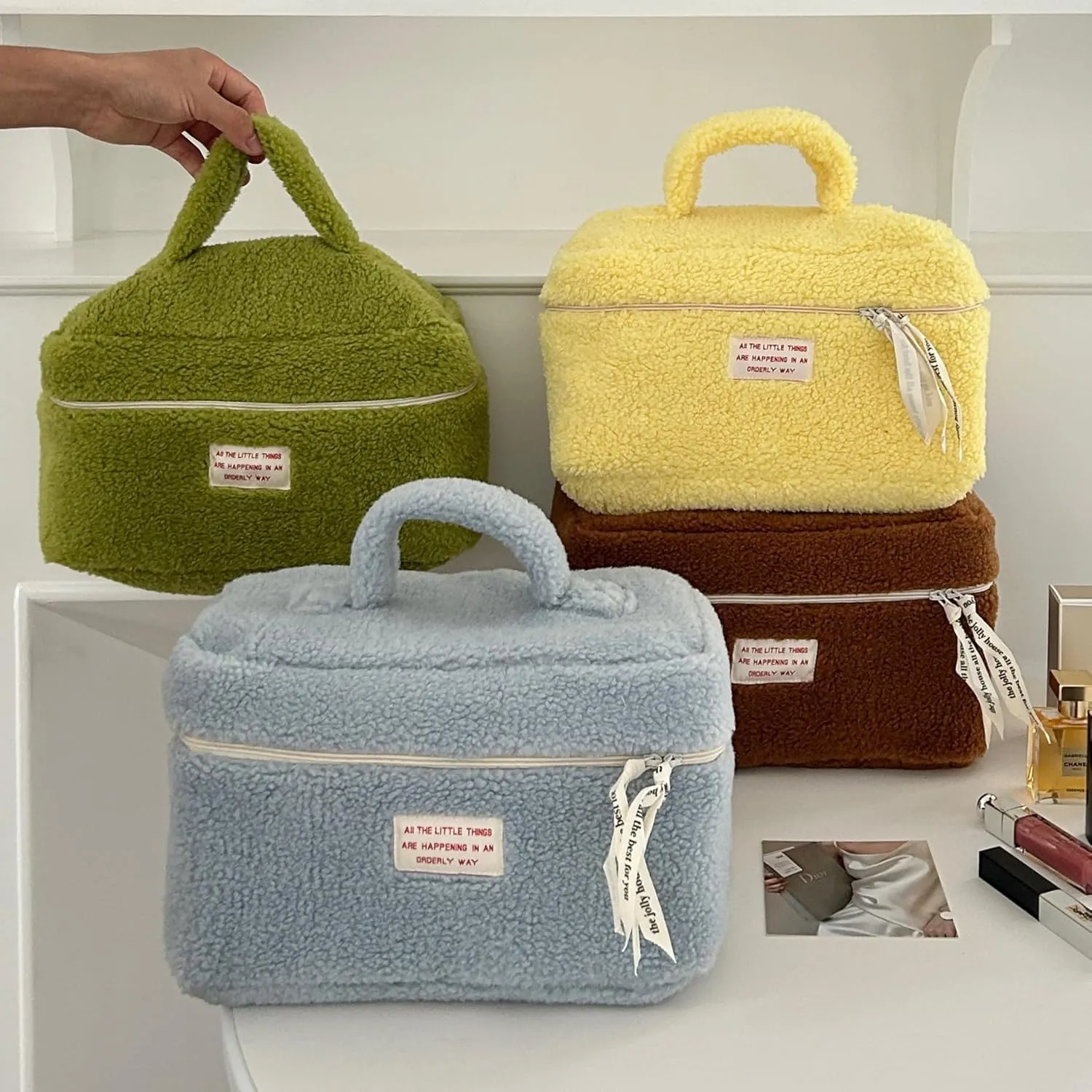 Large Cosmetic Bag Cute Makeup Bag Y2k Aesthetic Make Up Bag Fleece Cosmetic Bag for Purse (Large,Brown), Yellow