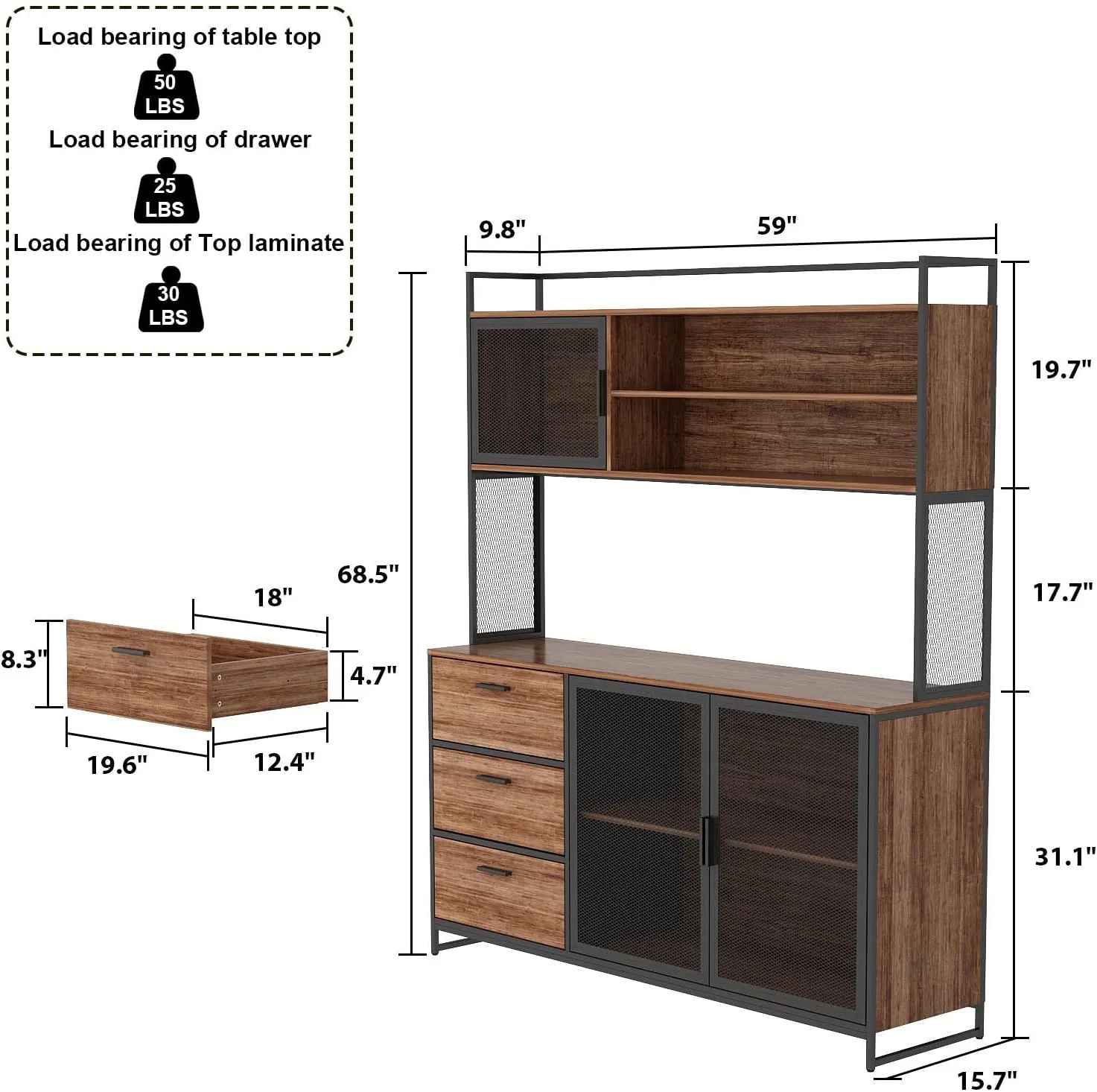 Large Kitchen Hutch Cabinet, Storage Cupboard Pantry with 3 Metal Doors, 3 Drawers & Microwave Shelf, for Kitchen Open Storage, Rustic Brown (59" W x 15.7" D x 68.5" H)