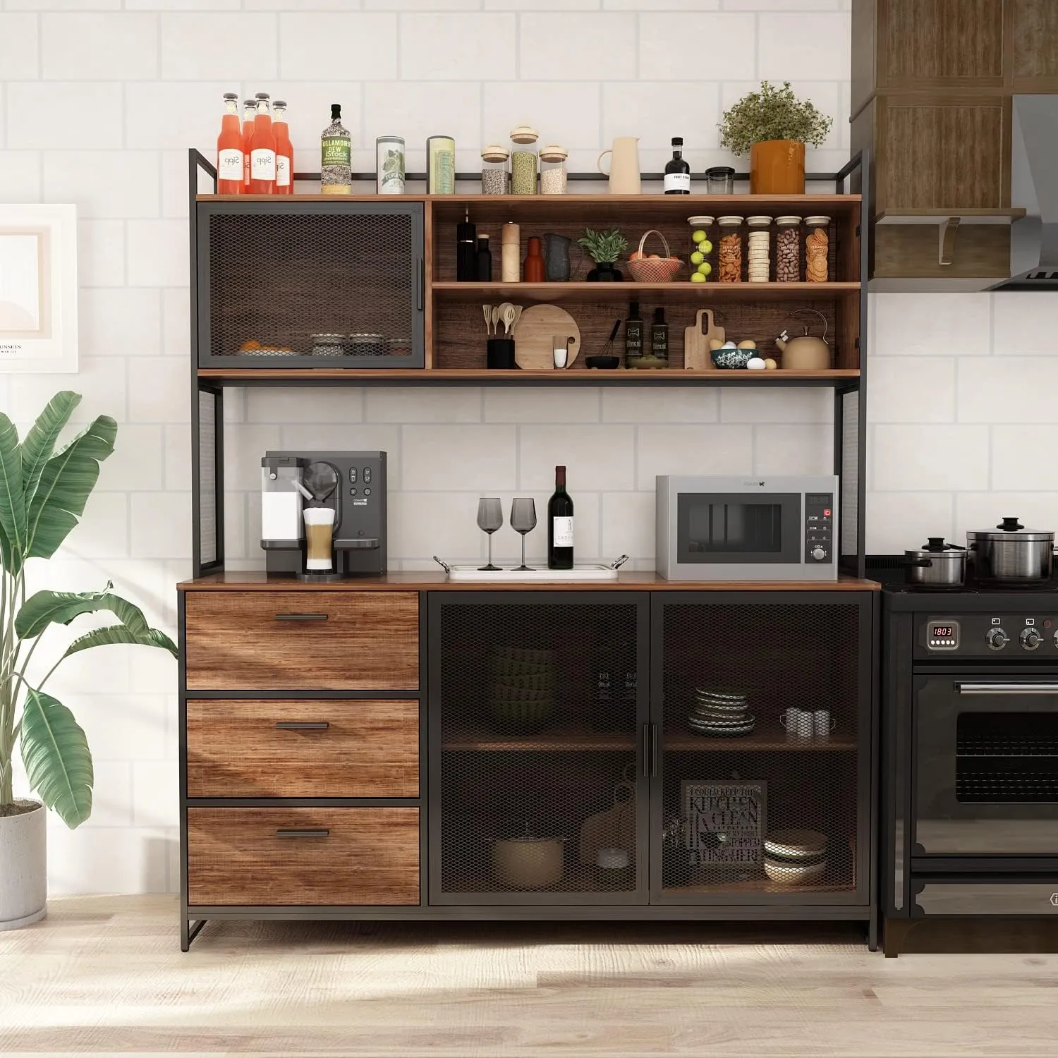 Large Kitchen Hutch Cabinet, Storage Cupboard Pantry with 3 Metal Doors, 3 Drawers & Microwave Shelf, for Kitchen Open Storage, Rustic Brown (59" W x 15.7" D x 68.5" H)