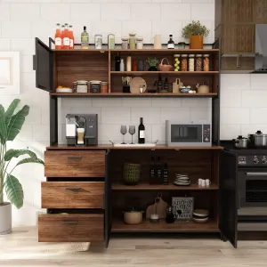 Large Kitchen Hutch Cabinet, Storage Cupboard Pantry with 3 Metal Doors, 3 Drawers & Microwave Shelf, for Kitchen Open Storage, Rustic Brown (59" W x 15.7" D x 68.5" H)