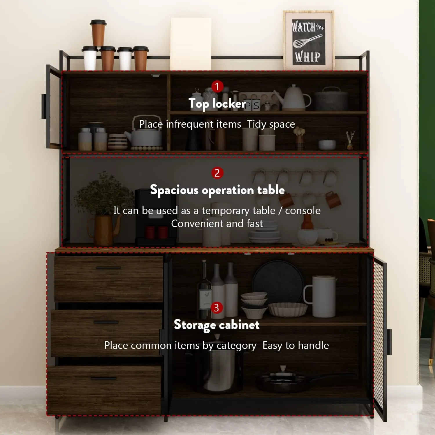 Large Kitchen Hutch Cabinet, Storage Cupboard Pantry with 3 Metal Doors, 3 Drawers & Microwave Shelf, for Kitchen Open Storage, Rustic Brown (59" W x 15.7" D x 68.5" H)