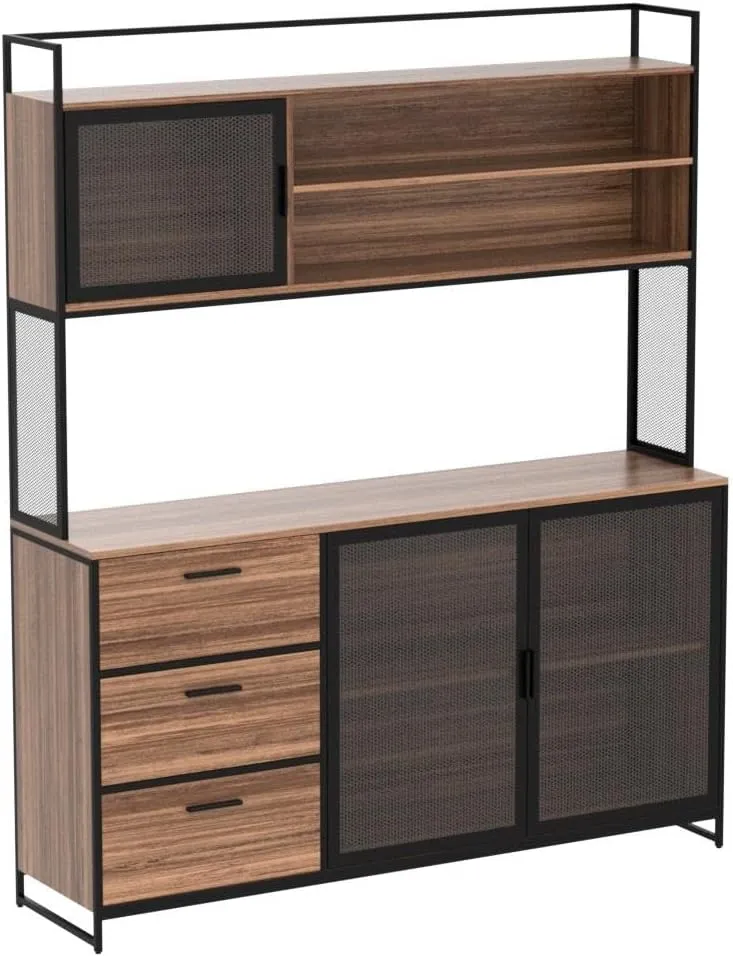 Large Kitchen Hutch Cabinet, Storage Cupboard Pantry with 3 Metal Doors, 3 Drawers & Microwave Shelf, for Kitchen Open Storage, Rustic Brown (59" W x 15.7" D x 68.5" H)