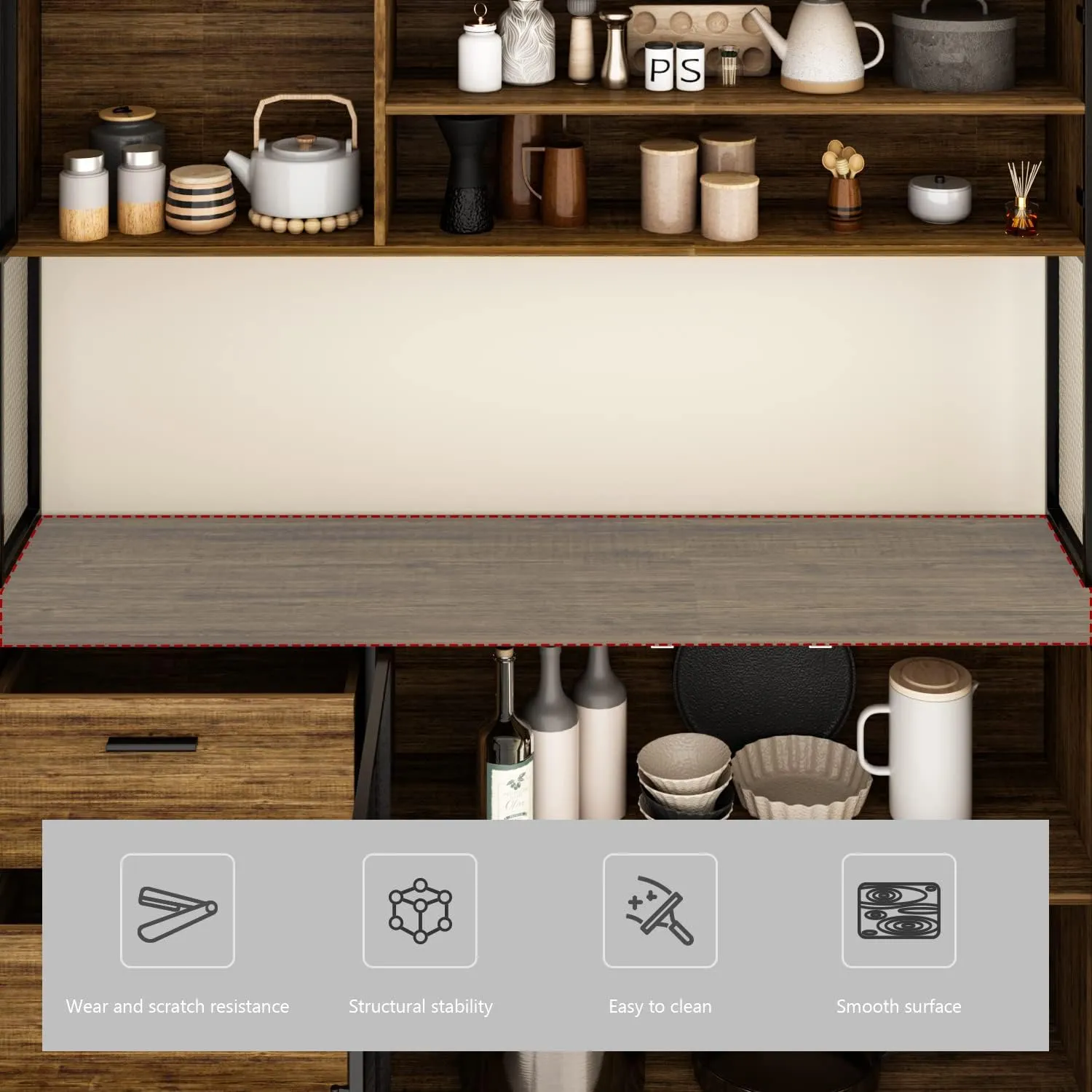 Large Kitchen Hutch Cabinet, Storage Cupboard Pantry with 3 Metal Doors, 3 Drawers & Microwave Shelf, for Kitchen Open Storage, Rustic Brown (59" W x 15.7" D x 68.5" H)