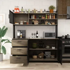 Large Kitchen Hutch Cabinet, Storage Cupboard Pantry with 3 Metal Doors, 3 Drawers & Microwave Shelf, for Kitchen Open Storage, Walnut (59" W x 15.7" D x 68.5" H)