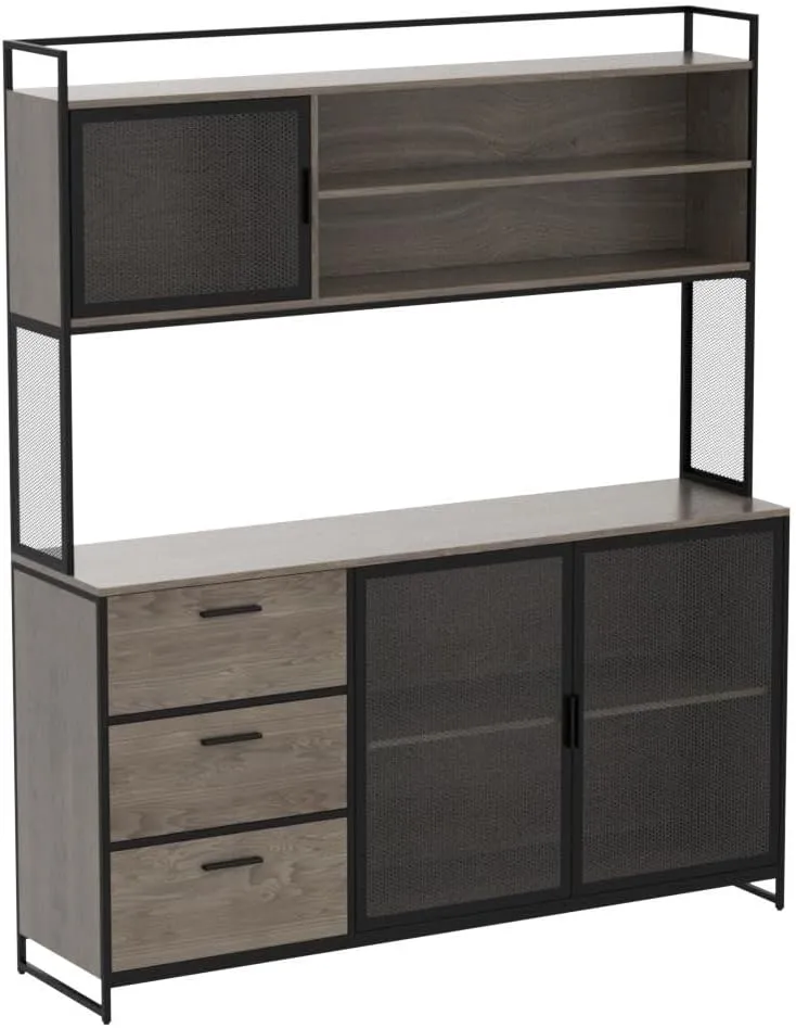 Large Kitchen Hutch Cabinet, Storage Cupboard Pantry with 3 Metal Doors, 3 Drawers & Microwave Shelf, for Kitchen Open Storage, Walnut (59" W x 15.7" D x 68.5" H)