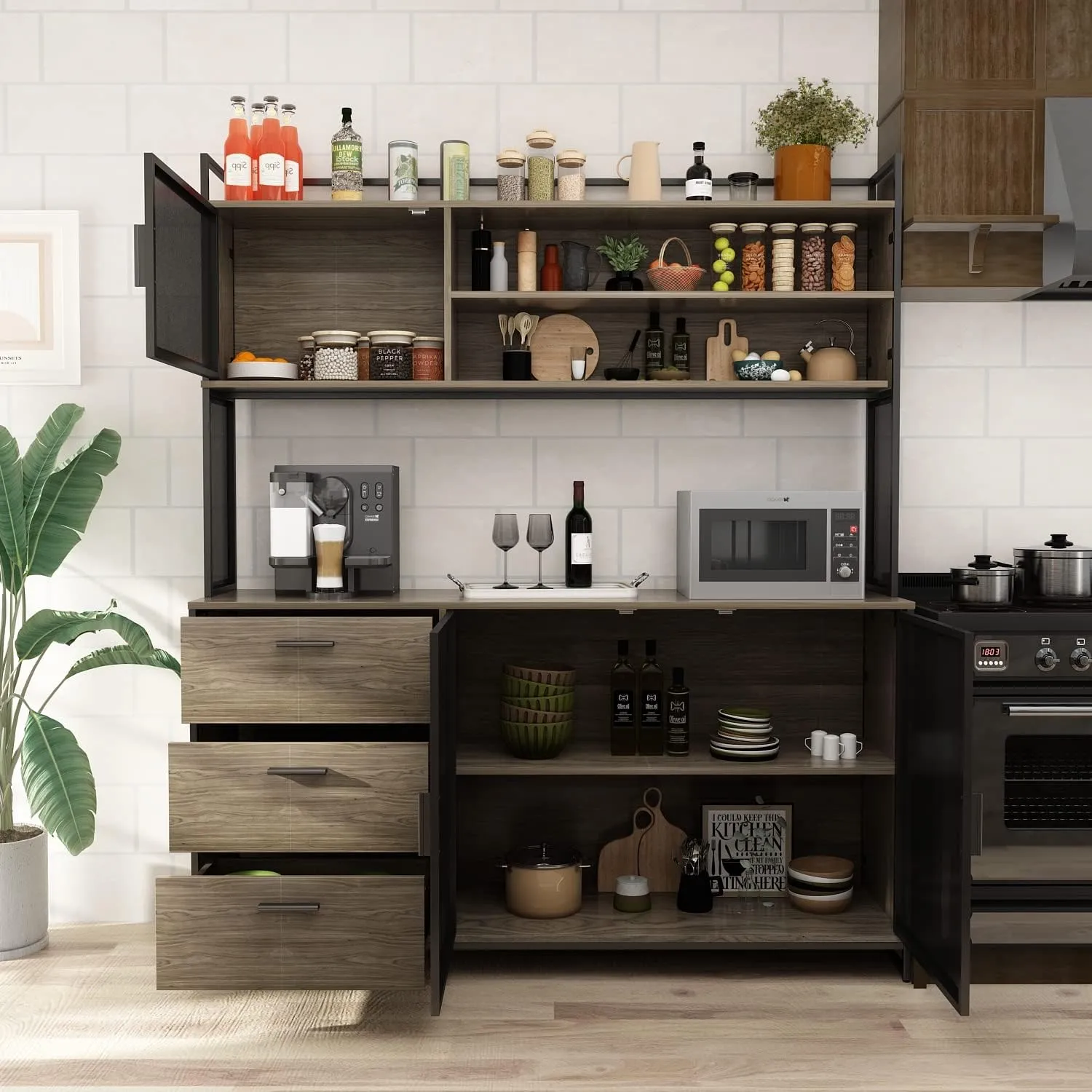 Large Kitchen Hutch Cabinet, Storage Cupboard Pantry with 3 Metal Doors, 3 Drawers & Microwave Shelf, for Kitchen Open Storage, Walnut (59" W x 15.7" D x 68.5" H)