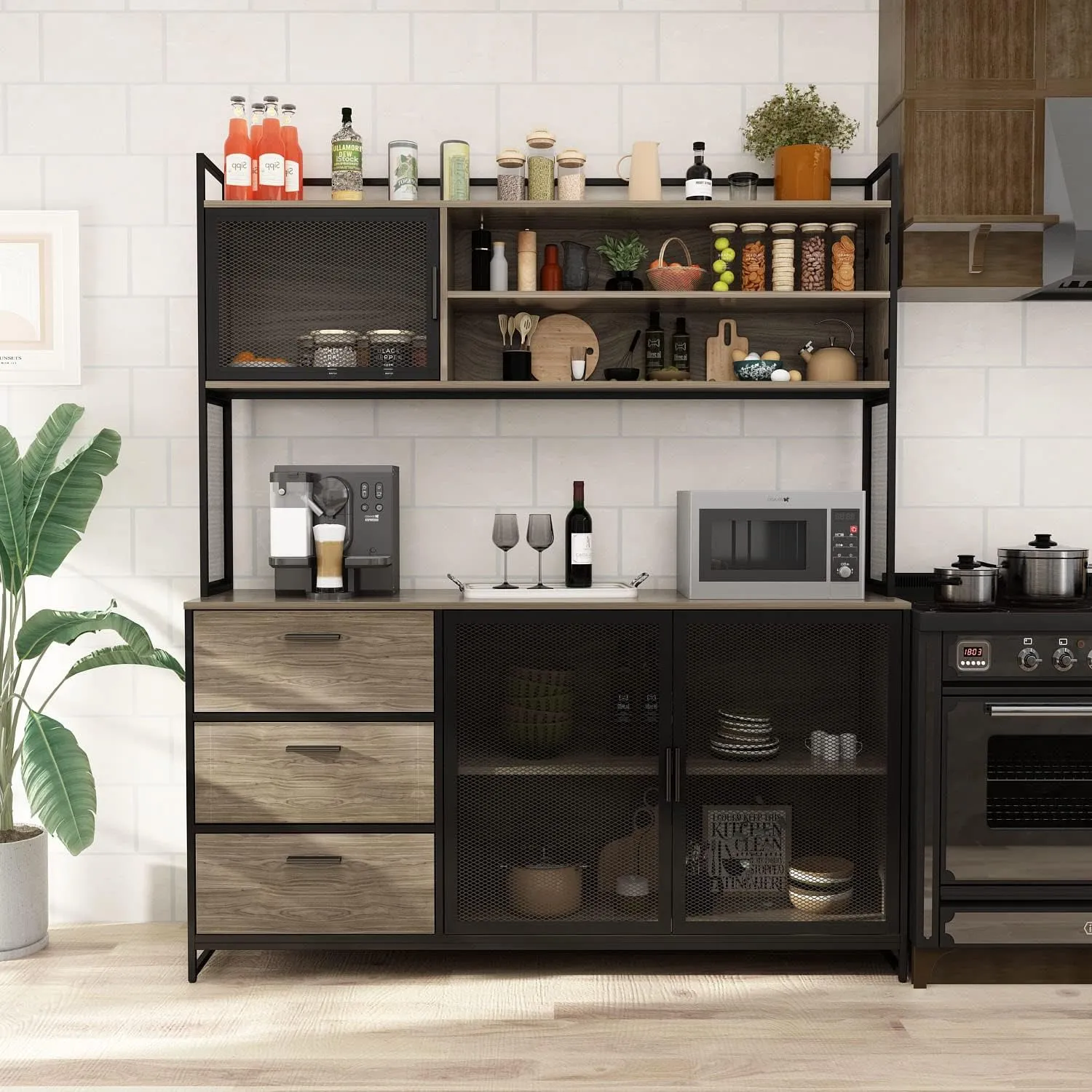 Large Kitchen Hutch Cabinet, Storage Cupboard Pantry with 3 Metal Doors, 3 Drawers & Microwave Shelf, for Kitchen Open Storage, Walnut (59" W x 15.7" D x 68.5" H)