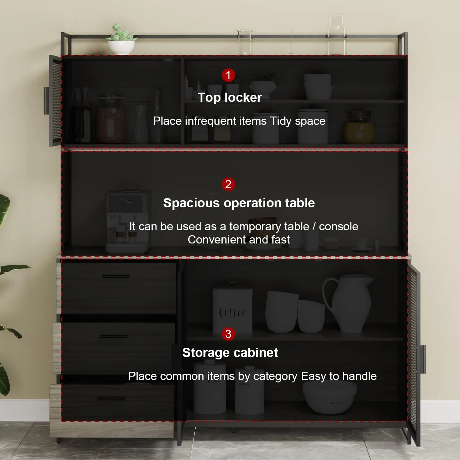 Large Kitchen Hutch Cabinet, Storage Cupboard Pantry with 3 Metal Doors, 3 Drawers & Microwave Shelf, for Kitchen Open Storage, Walnut (59" W x 15.7" D x 68.5" H)