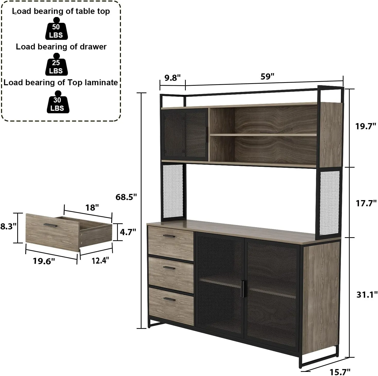 Large Kitchen Hutch Cabinet, Storage Cupboard Pantry with 3 Metal Doors, 3 Drawers & Microwave Shelf, for Kitchen Open Storage, Walnut (59" W x 15.7" D x 68.5" H)
