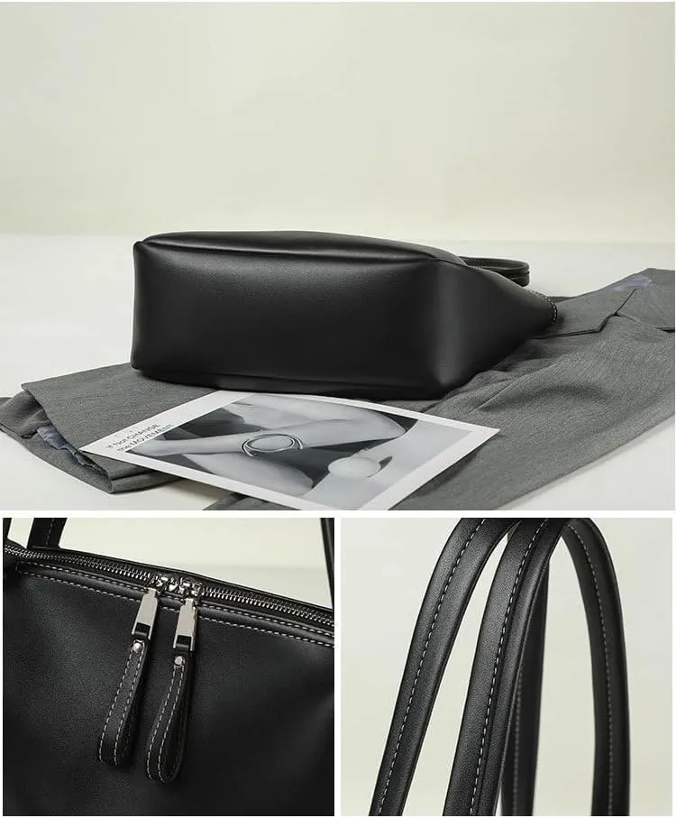 Large Leather Tote Bag, Double Zipper Design, Black Large-capacity soft leather single-shoulder handbag for women