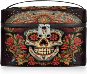 Large Makeup Bag Mexican Sugar Skull Cosmetic Bag, Travel Toiletry Bag for Women Cute Skincare Pouches with Handle Divider,Portable Aesthetic Makeup Box Organizer Bag for Girls