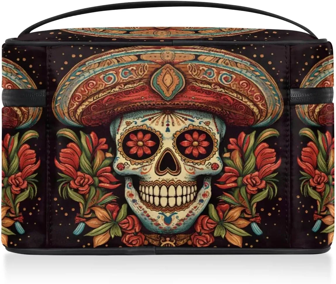 Large Makeup Bag Mexican Sugar Skull Cosmetic Bag, Travel Toiletry Bag for Women Cute Skincare Pouches with Handle Divider,Portable Aesthetic Makeup Box Organizer Bag for Girls