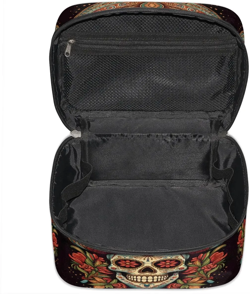 Large Makeup Bag Mexican Sugar Skull Cosmetic Bag, Travel Toiletry Bag for Women Cute Skincare Pouches with Handle Divider,Portable Aesthetic Makeup Box Organizer Bag for Girls