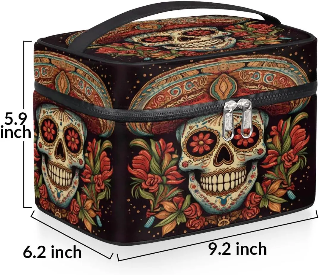 Large Makeup Bag Mexican Sugar Skull Cosmetic Bag, Travel Toiletry Bag for Women Cute Skincare Pouches with Handle Divider,Portable Aesthetic Makeup Box Organizer Bag for Girls