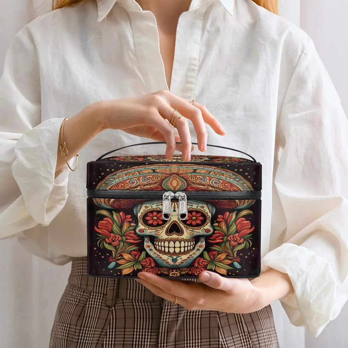 Large Makeup Bag Mexican Sugar Skull Cosmetic Bag, Travel Toiletry Bag for Women Cute Skincare Pouches with Handle Divider,Portable Aesthetic Makeup Box Organizer Bag for Girls