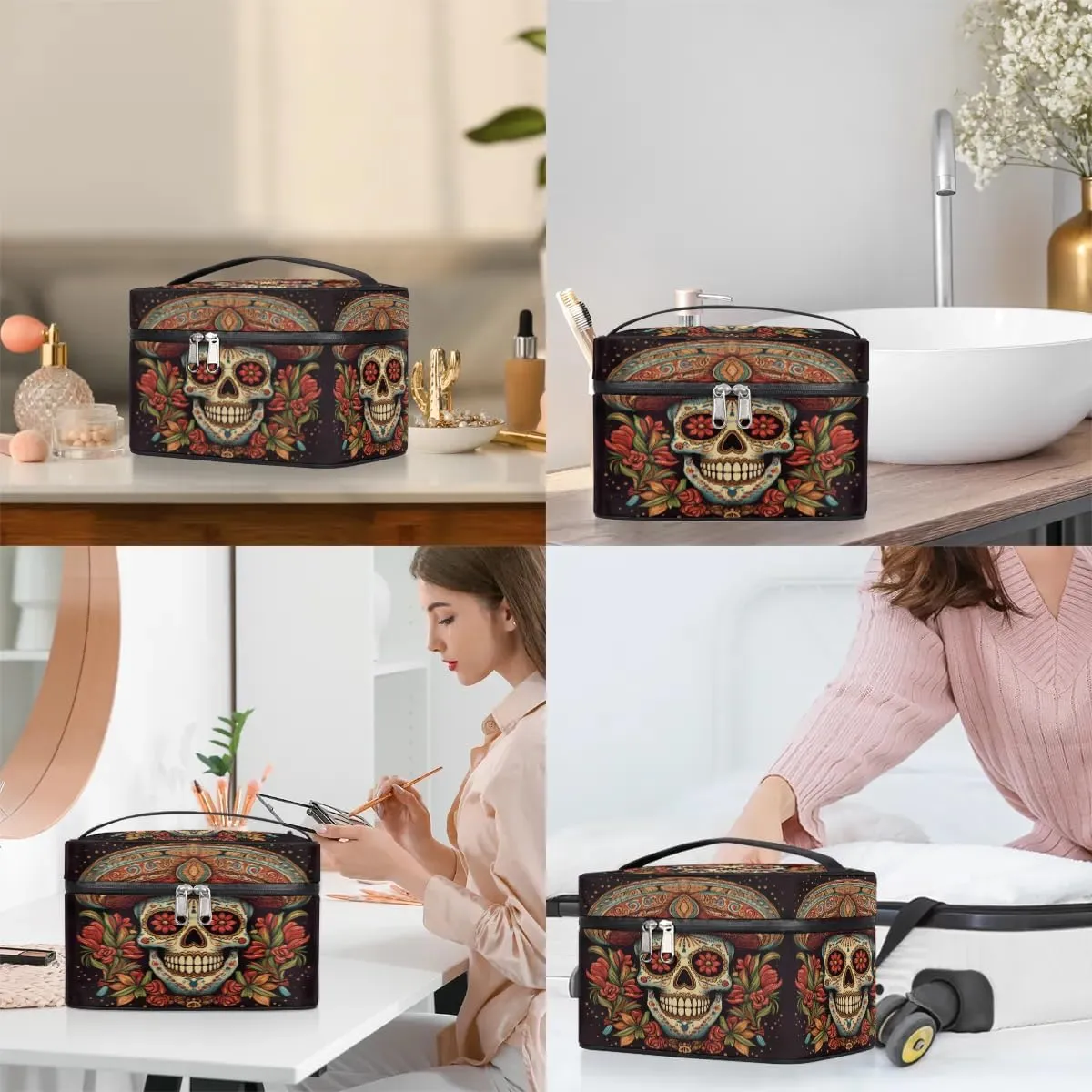 Large Makeup Bag Mexican Sugar Skull Cosmetic Bag, Travel Toiletry Bag for Women Cute Skincare Pouches with Handle Divider,Portable Aesthetic Makeup Box Organizer Bag for Girls