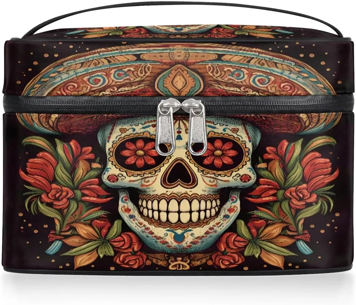 Large Makeup Bag Mexican Sugar Skull Cosmetic Bag, Travel Toiletry Bag for Women Cute Skincare Pouches with Handle Divider,Portable Aesthetic Makeup Box Organizer Bag for Girls
