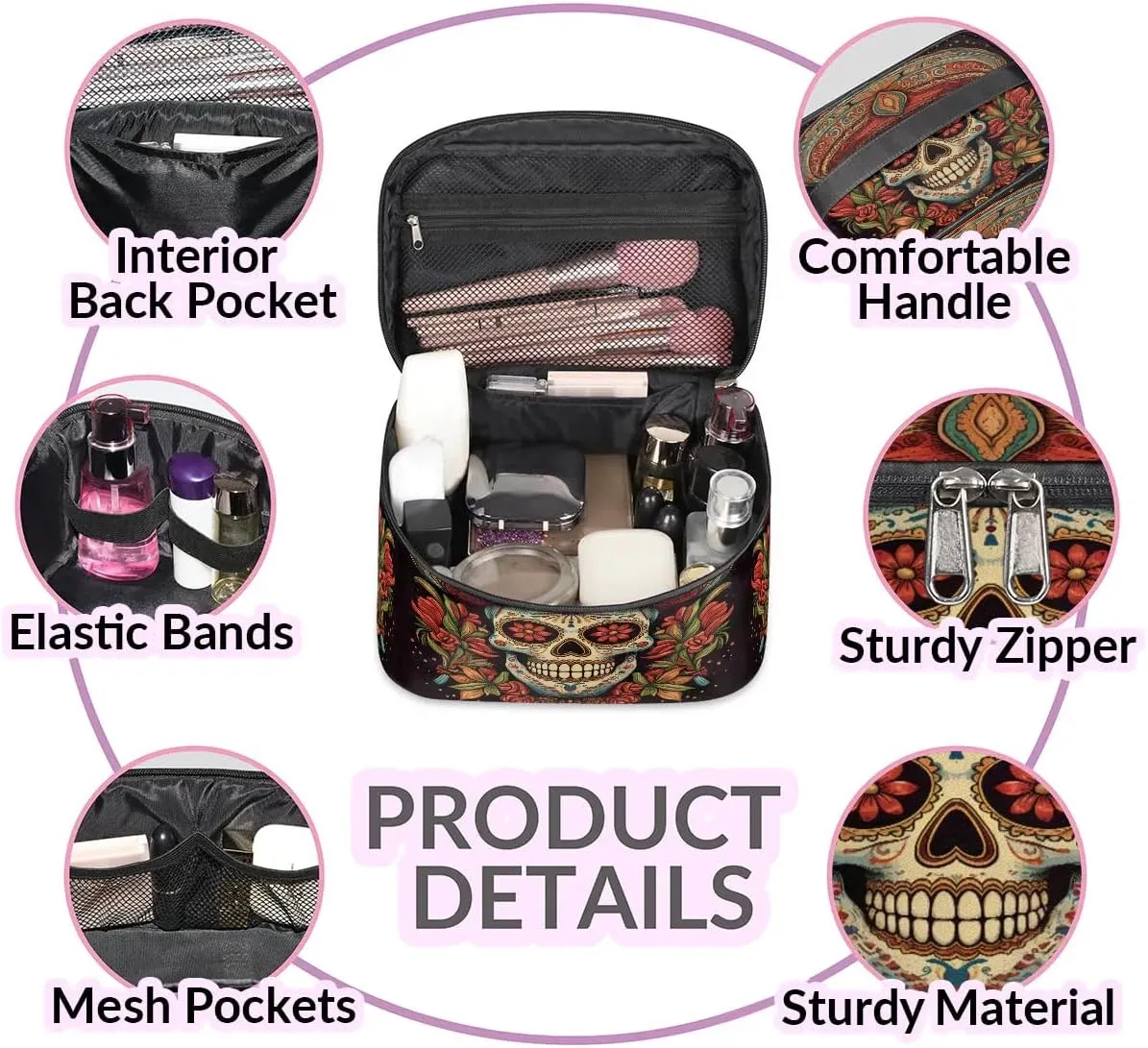 Large Makeup Bag Mexican Sugar Skull Cosmetic Bag, Travel Toiletry Bag for Women Cute Skincare Pouches with Handle Divider,Portable Aesthetic Makeup Box Organizer Bag for Girls