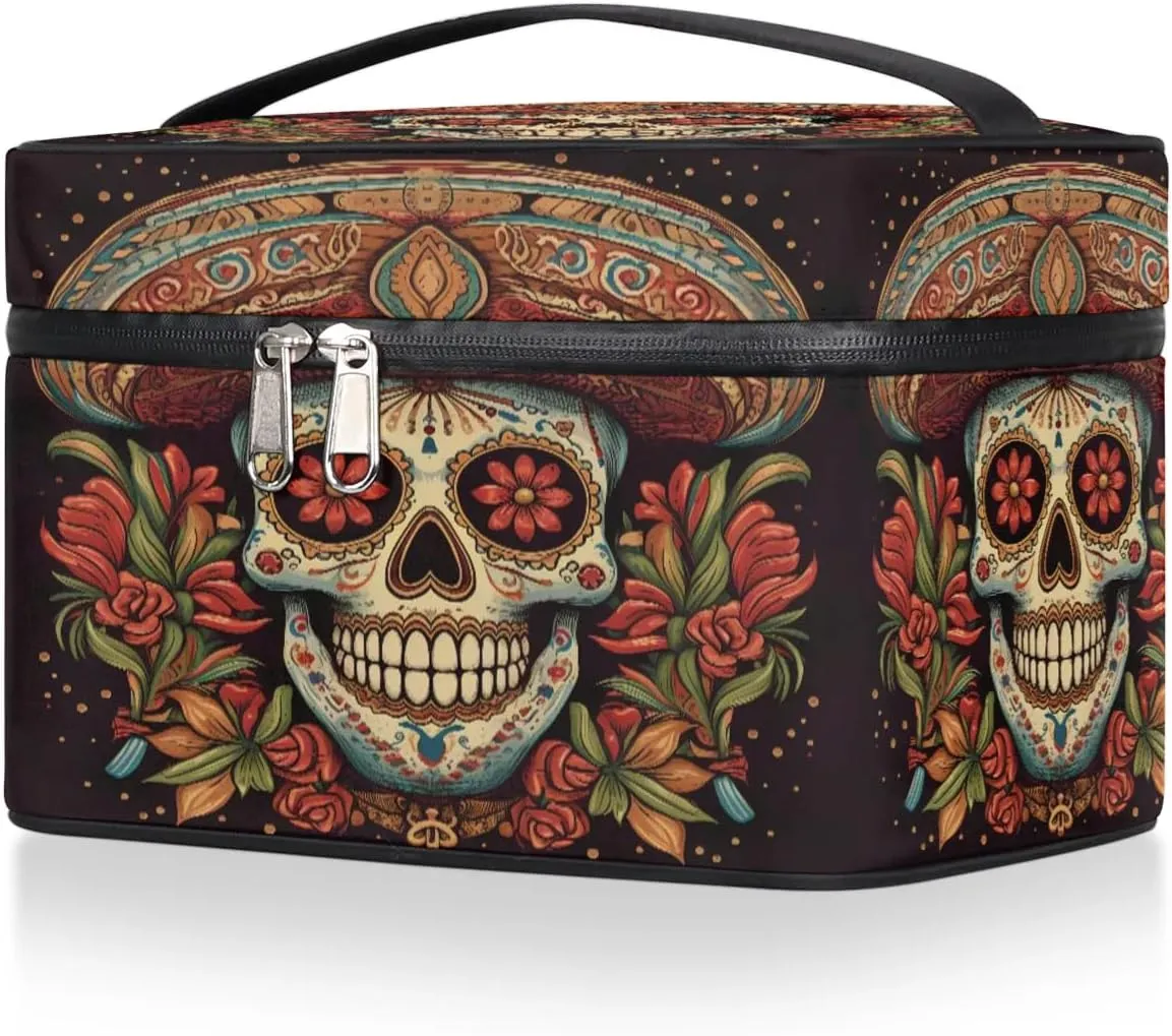 Large Makeup Bag Mexican Sugar Skull Cosmetic Bag, Travel Toiletry Bag for Women Cute Skincare Pouches with Handle Divider,Portable Aesthetic Makeup Box Organizer Bag for Girls