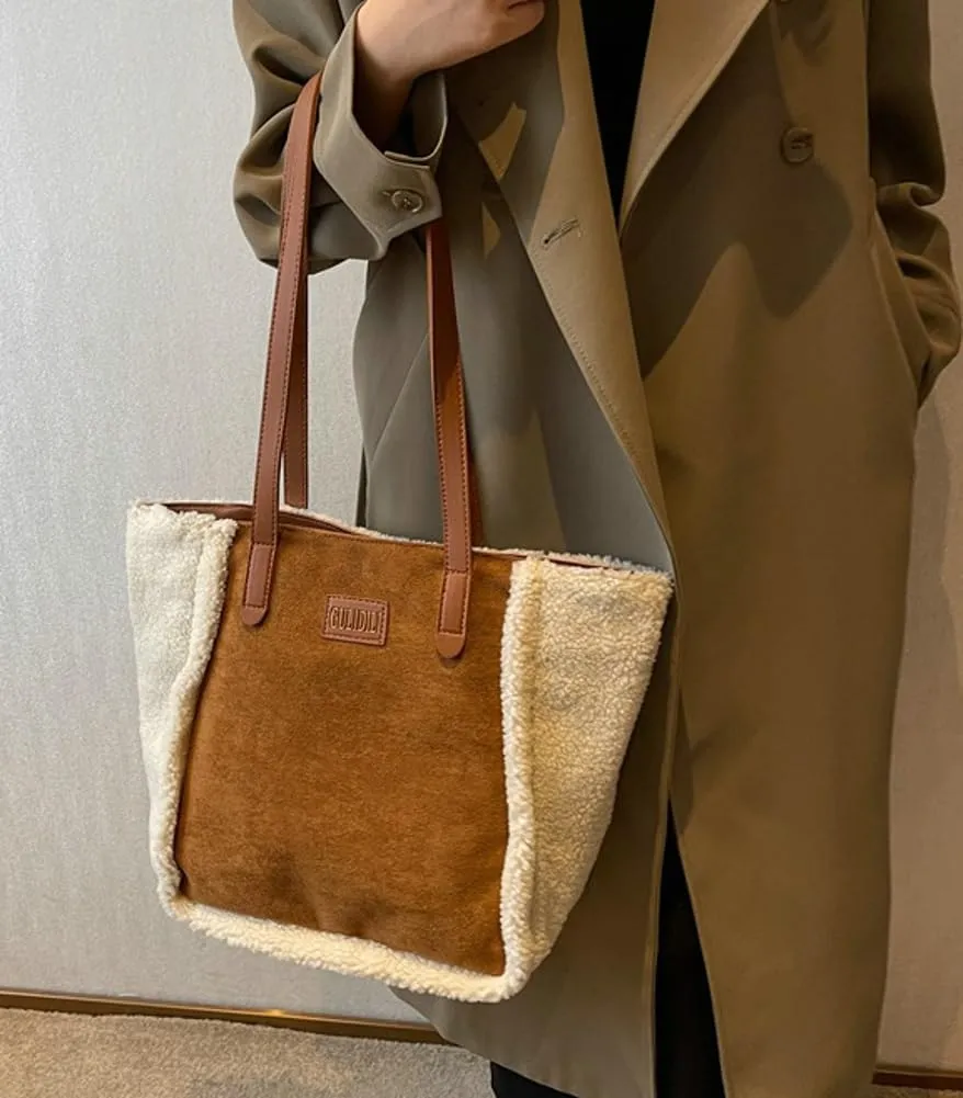 Large Plush Tote Underarm Bag for Women Fluffy Shoulder Purse Casual Faux Fur Working Handbag Fall Winter