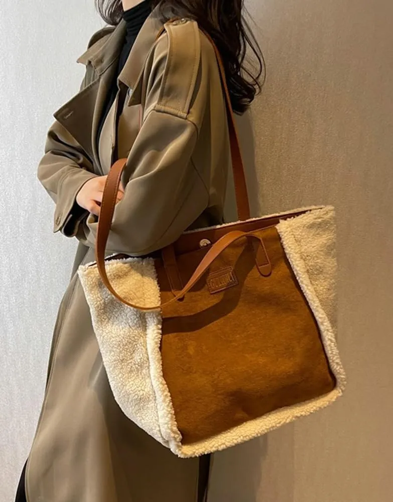 Large Plush Tote Underarm Bag for Women Fluffy Shoulder Purse Casual Faux Fur Working Handbag Fall Winter