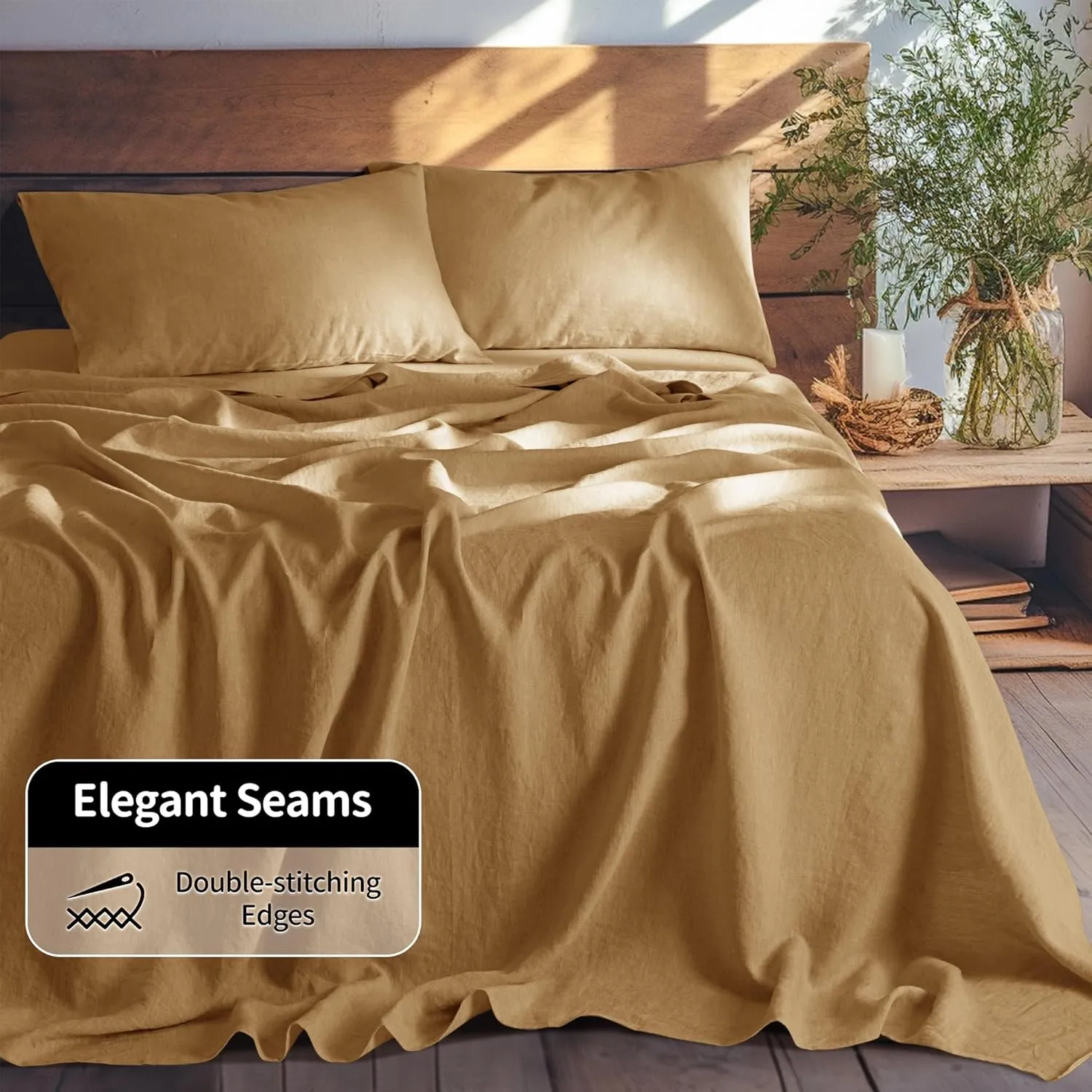 LBR02M 100% Linen Sheet Set Queen Size,Bed Sheets 4 Piece Sets,Solid Color Natural Flax Bed Sheets Soft Breathable Bedding,16" Deep Pocket,All Season (Queen, Rust)