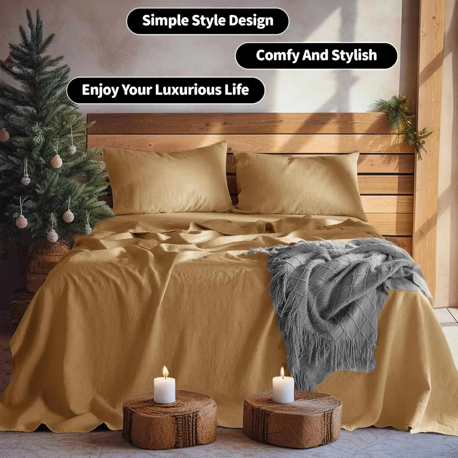 LBR02M 100% Linen Sheet Set Queen Size,Bed Sheets 4 Piece Sets,Solid Color Natural Flax Bed Sheets Soft Breathable Bedding,16" Deep Pocket,All Season (Queen, Rust)