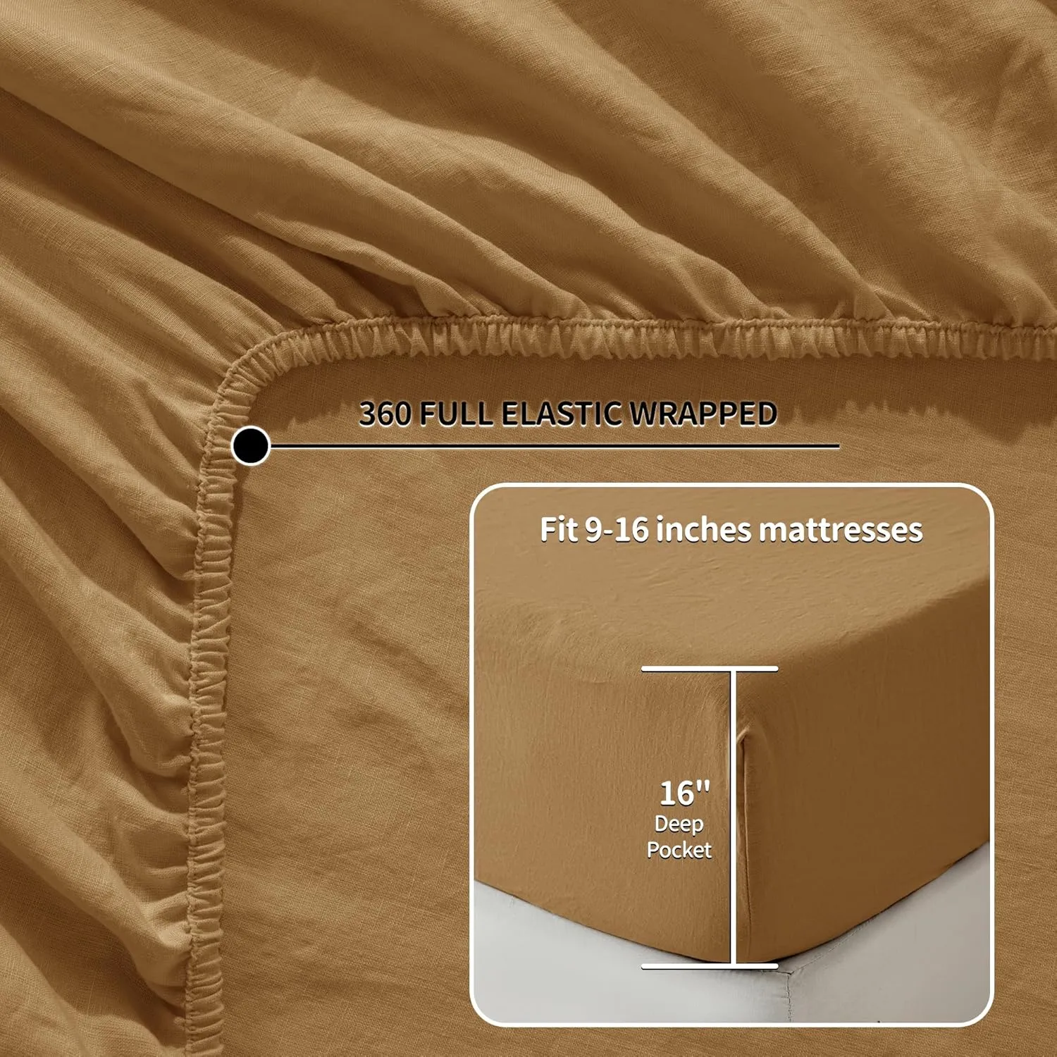 LBR02M 100% Linen Sheet Set Queen Size,Bed Sheets 4 Piece Sets,Solid Color Natural Flax Bed Sheets Soft Breathable Bedding,16" Deep Pocket,All Season (Queen, Rust)