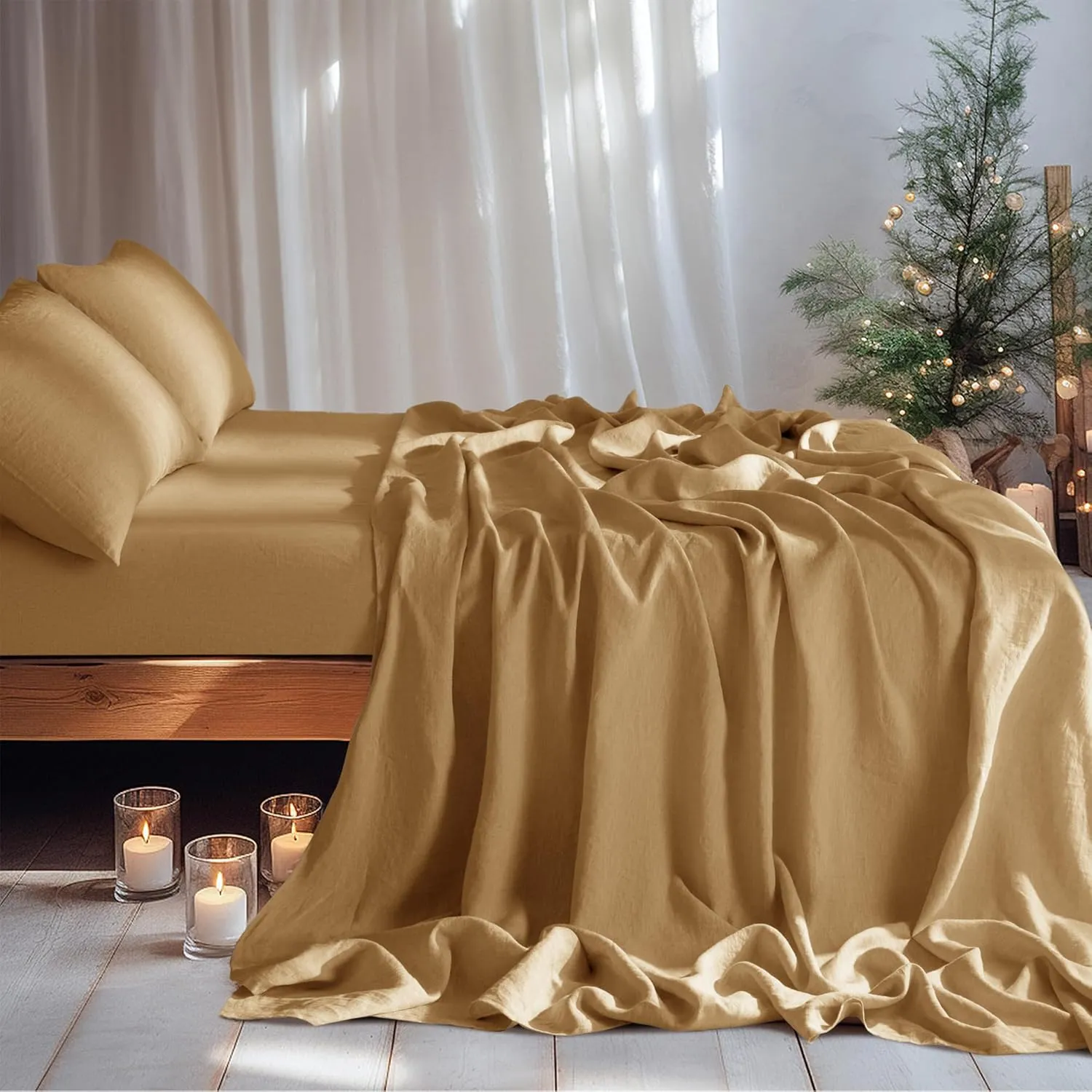 LBR02M 100% Linen Sheet Set Queen Size,Bed Sheets 4 Piece Sets,Solid Color Natural Flax Bed Sheets Soft Breathable Bedding,16" Deep Pocket,All Season (Queen, Rust)