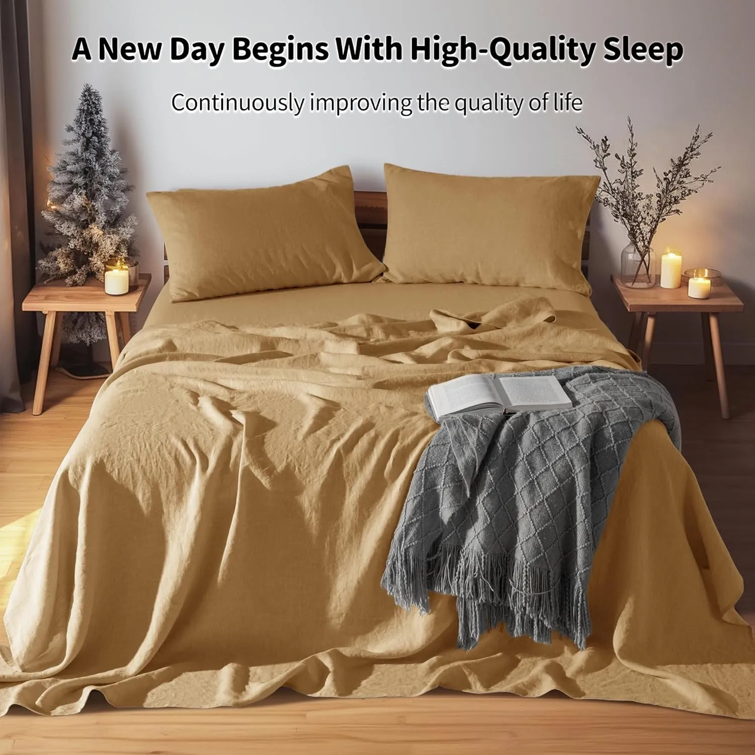 LBR02M 100% Linen Sheet Set Queen Size,Bed Sheets 4 Piece Sets,Solid Color Natural Flax Bed Sheets Soft Breathable Bedding,16" Deep Pocket,All Season (Queen, Rust)