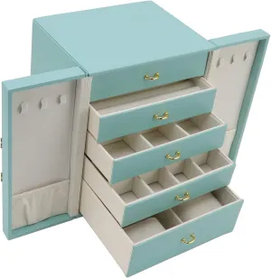 Leather Double Door Green European Jewellery Storage Box for Necklace Earrings Watch Strap