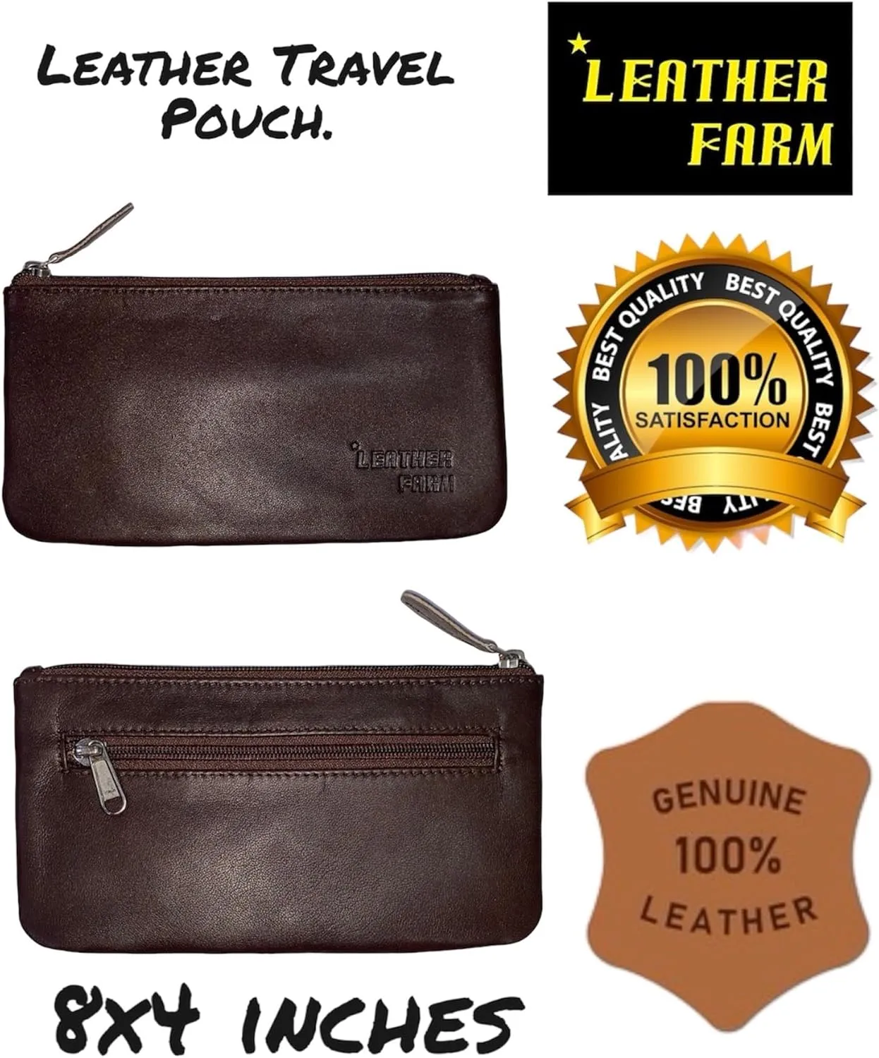 LEATHER FARM Leather Travel Pouch - Beautifully Handcrafted YKK Zippered Pouch Handmade - 8 x 4 inches.(BROWN)